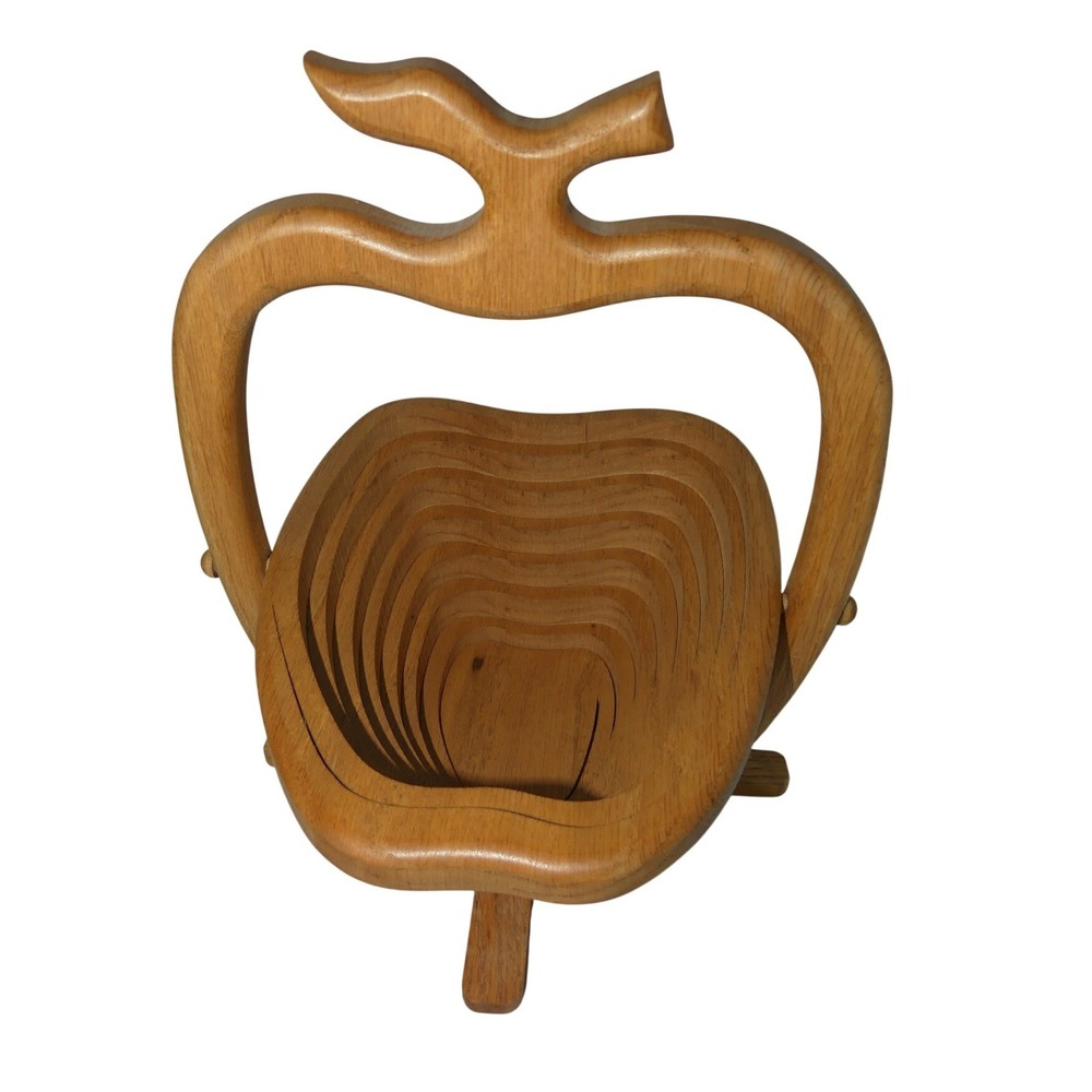 Vintage Collapsible Wooden Apple Fruit Basket Folding Spiral Cut Trivet Bowl